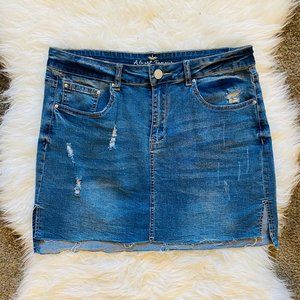 Almost Famous High Rise Distressed Jean Mini Skirt